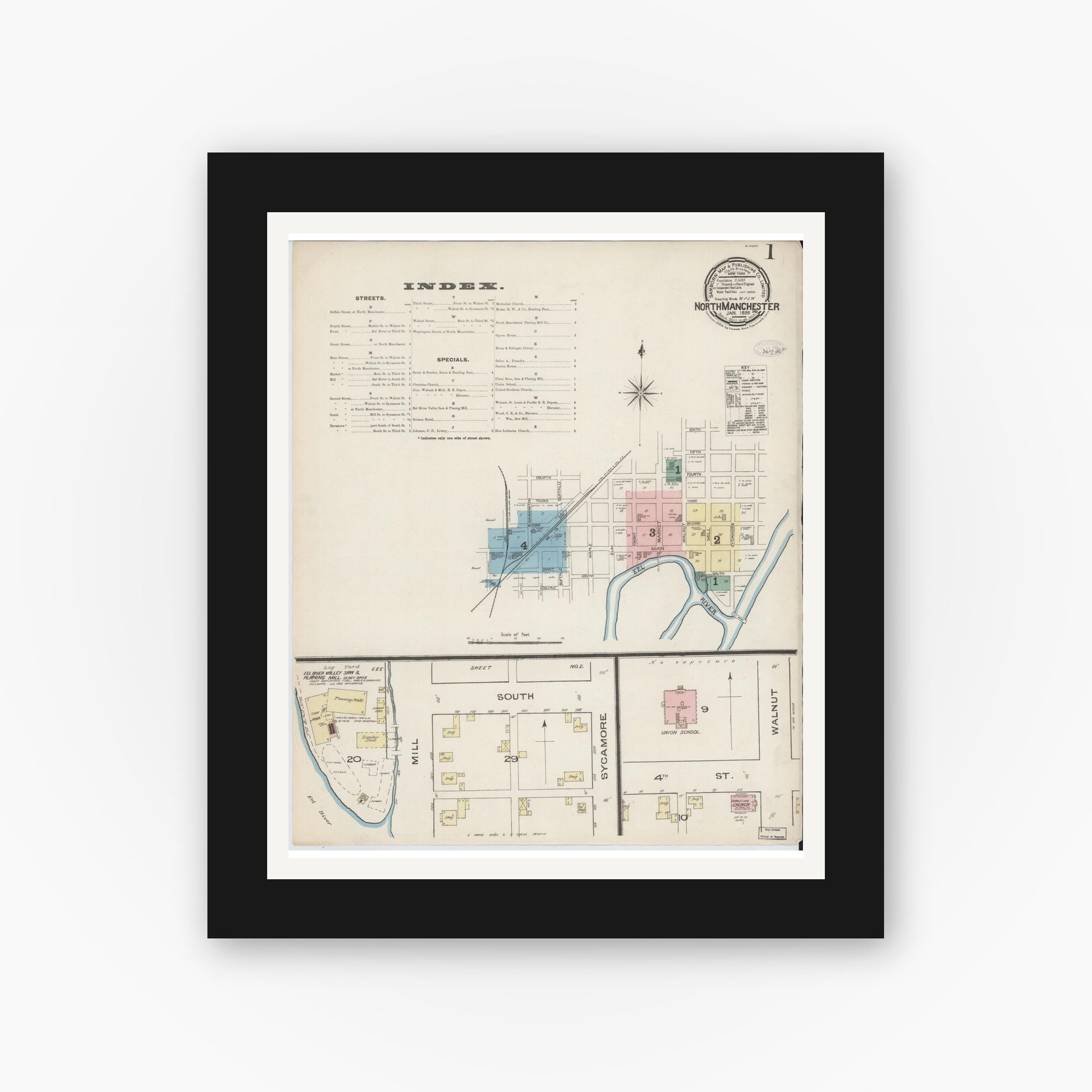 Old map wall art mockup — black gallery frame with white mat — Sanborn Fire Insurance Map from North Manchester, Wabash County, Indiana (1886), Sheet #0001