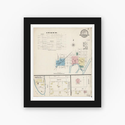 Old map wall art mockup — black gallery frame with white mat — Sanborn Fire Insurance Map from North Manchester, Wabash County, Indiana (1886), Sheet #0001