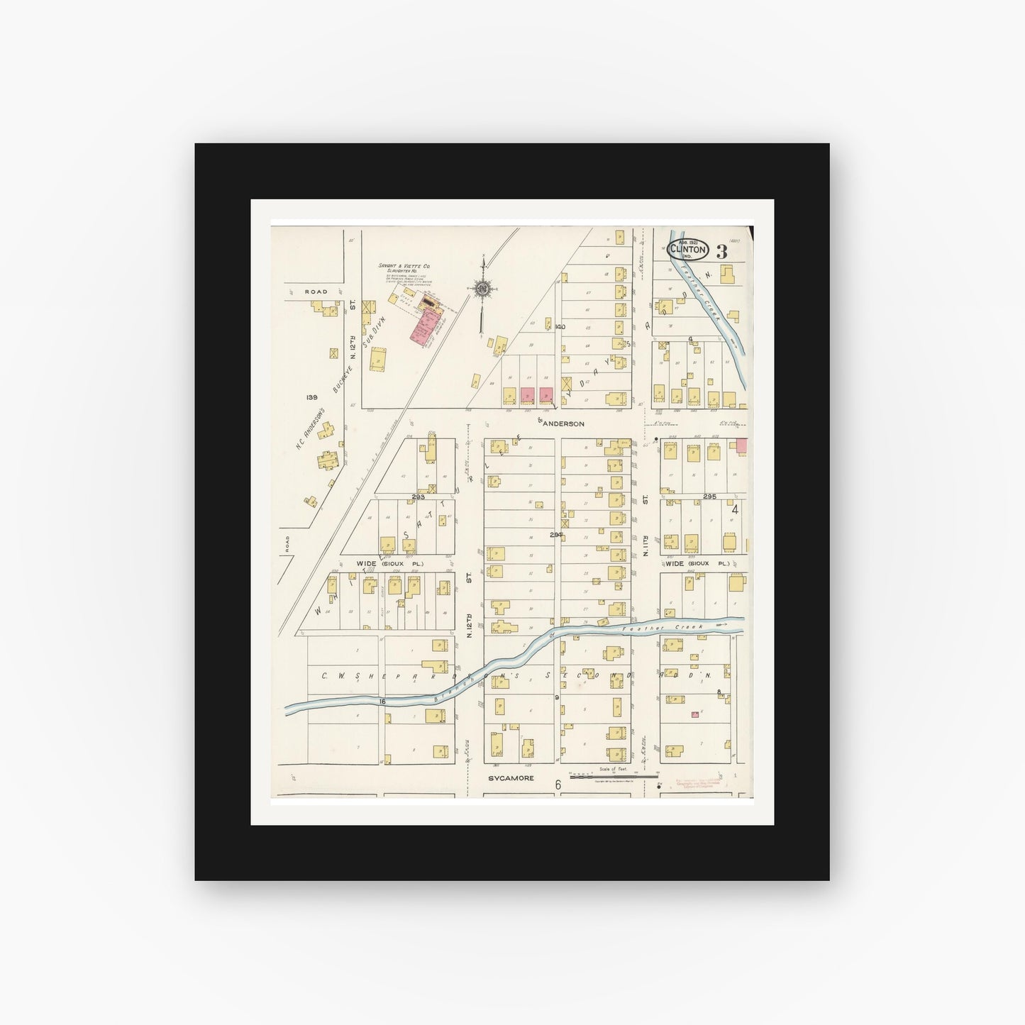 Old map wall art mockup — black gallery frame with white mat — Sanborn Fire Insurance Map from Clinton, Vermillion County, Indiana (1921), Sheet #0003