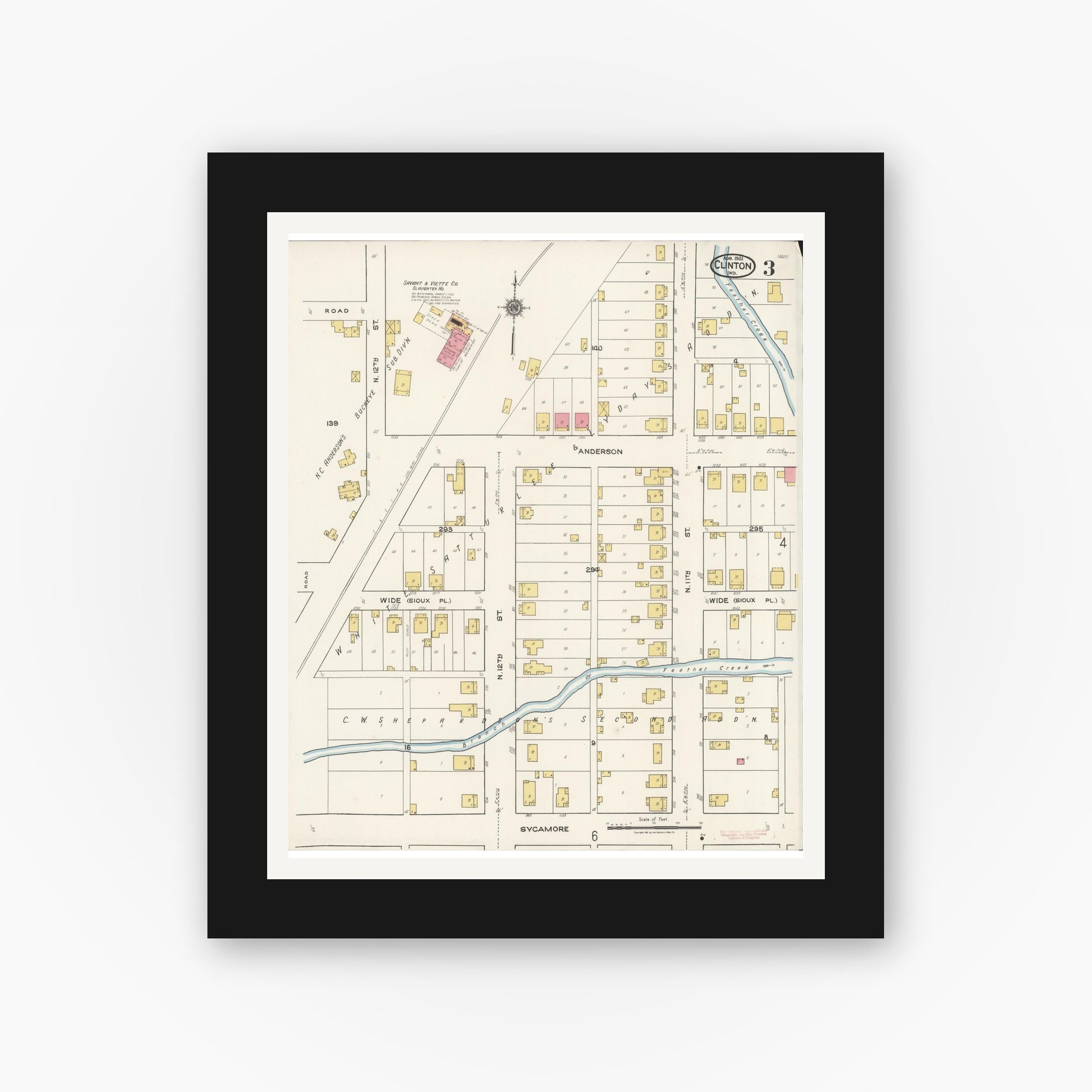Old map wall art mockup — black gallery frame with white mat — Sanborn Fire Insurance Map from Clinton, Vermillion County, Indiana (1921), Sheet #0003