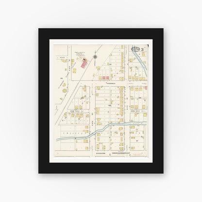 Old map wall art mockup — black gallery frame with white mat — Sanborn Fire Insurance Map from Clinton, Vermillion County, Indiana (1921), Sheet #0003