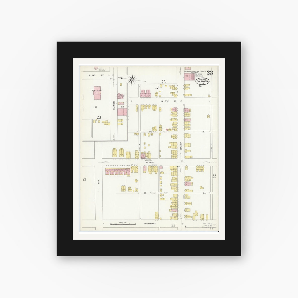 Old map wall art mockup — black gallery frame with white mat — Sanborn Fire Insurance Map from Columbia, Lancaster County, Pennsylvania (1909), Sheet #0023