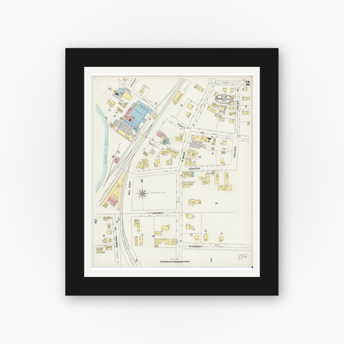 Old map wall art mockup — black gallery frame with white mat — Sanborn Fire Insurance Map from Mansfield, Bristol County, Massachusetts (1897), Sheet #0002