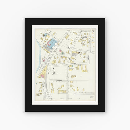Old map wall art mockup — black gallery frame with white mat — Sanborn Fire Insurance Map from Mansfield, Bristol County, Massachusetts (1897), Sheet #0002