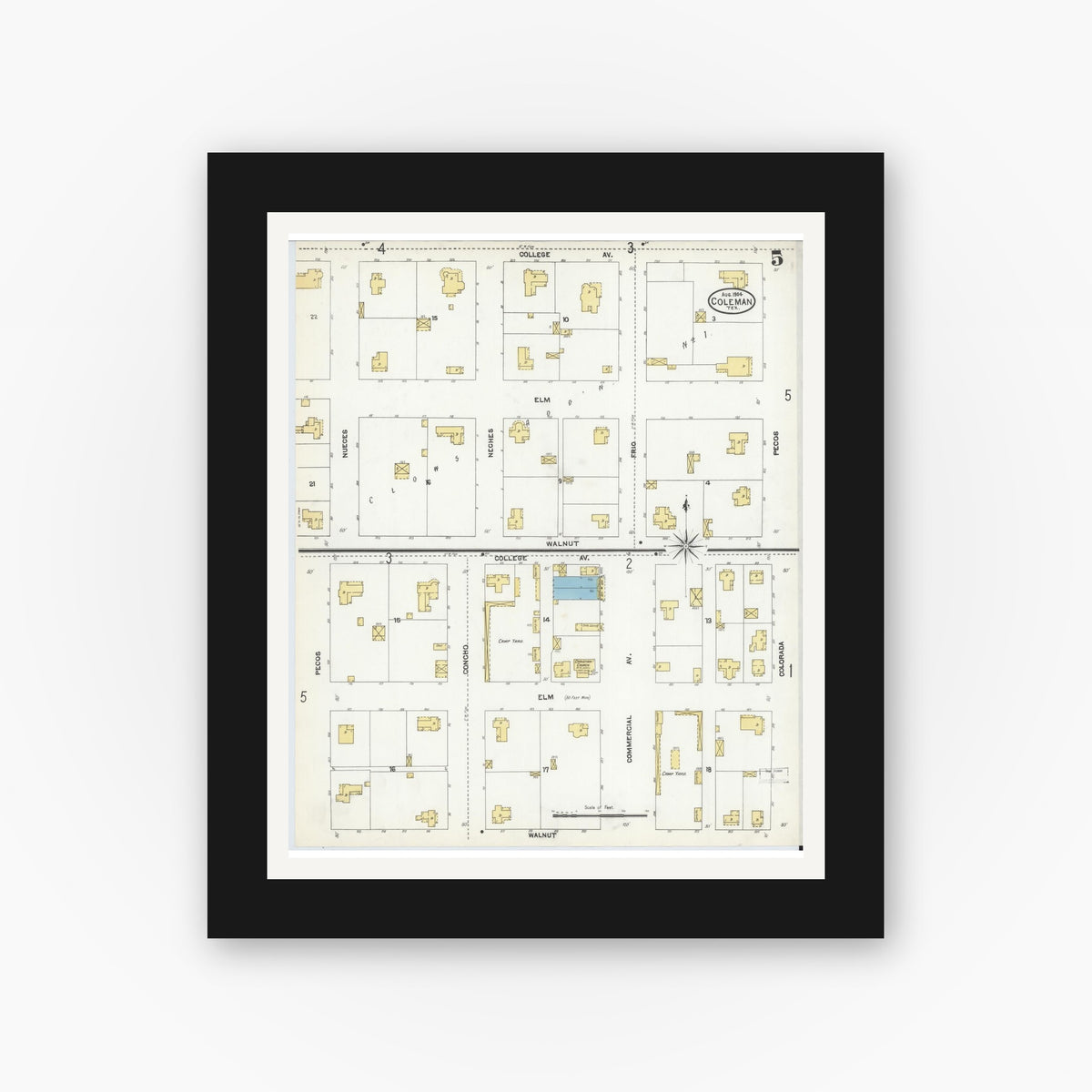 Old map wall art mockup — black gallery frame with white mat — Sanborn Fire Insurance Map from Coleman, Coleman County, Texas (1904), Sheet #0005