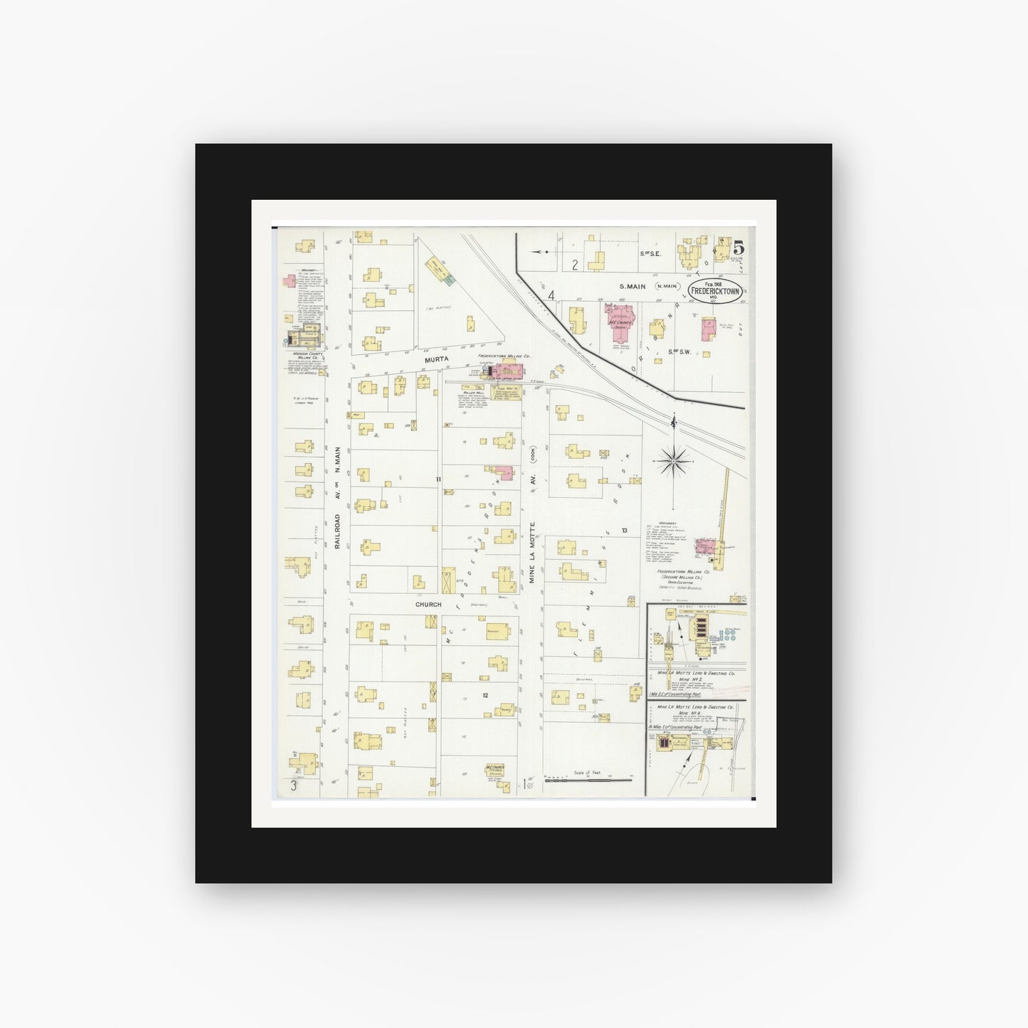 Old map wall art mockup — black gallery frame with white mat — Sanborn Fire Insurance Map from Fredericktown, Madison County, Missouri (1908), Sheet #0005