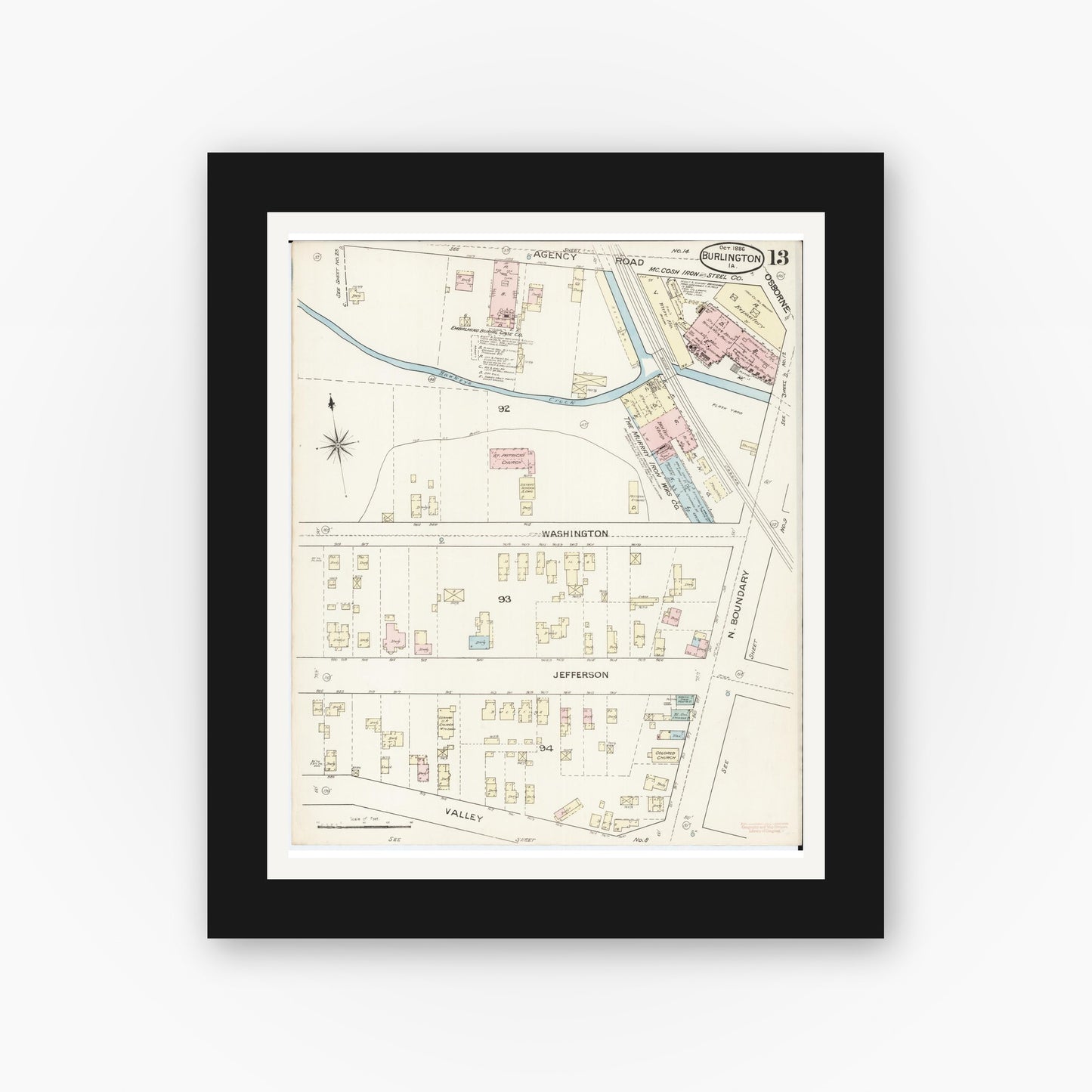 Old map wall art mockup — black gallery frame with white mat — Sanborn Fire Insurance Map from Burlington, Des Moines County, Iowa (1888), Sheet #0013