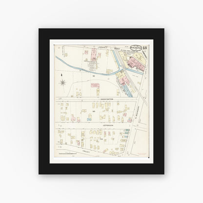Old map wall art mockup — black gallery frame with white mat — Sanborn Fire Insurance Map from Burlington, Des Moines County, Iowa (1888), Sheet #0013