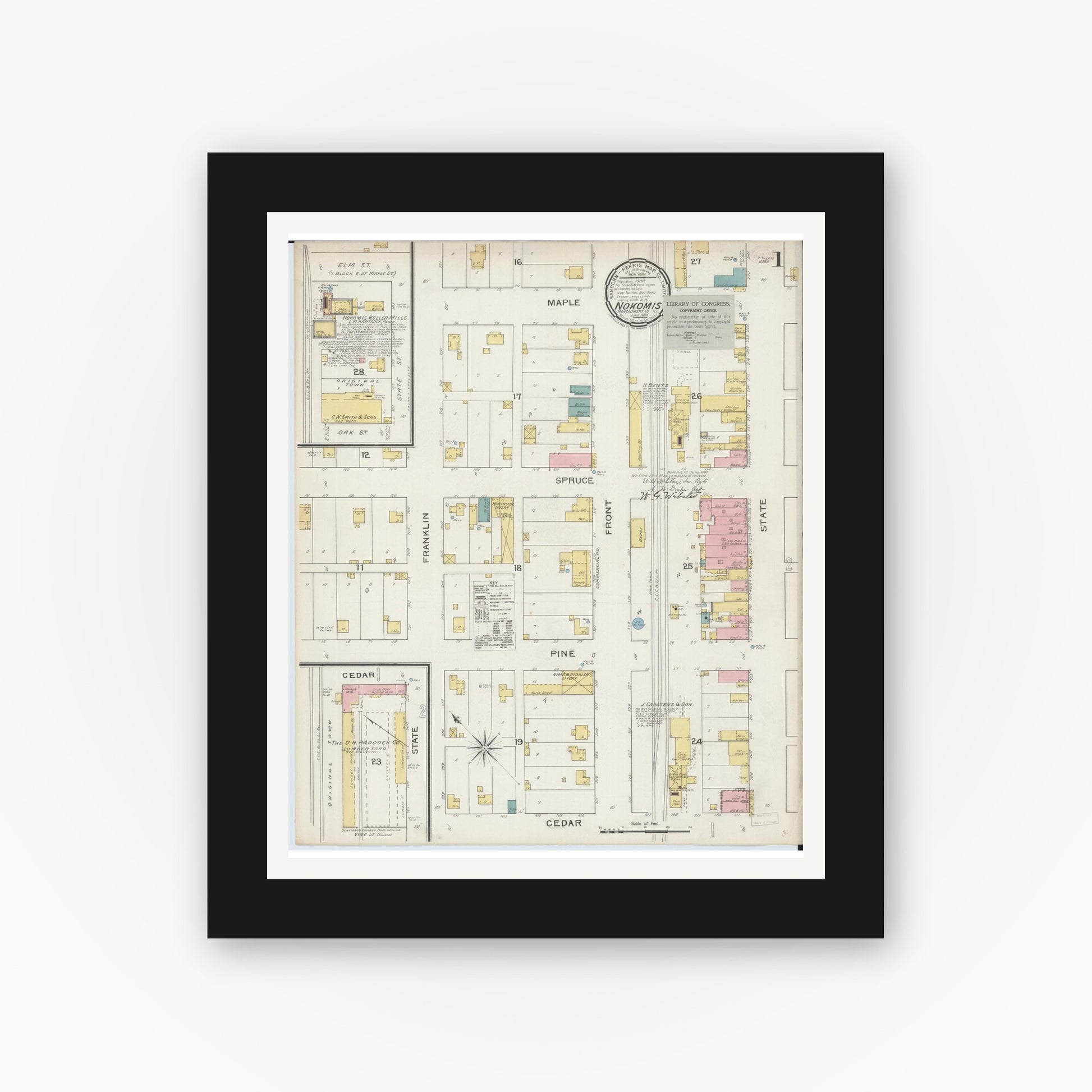 Old map wall art mockup — black gallery frame with white mat — Sanborn Fire Insurance Map from Nokomis, Montgomery County, Illinois (1893) - Complete Map Set