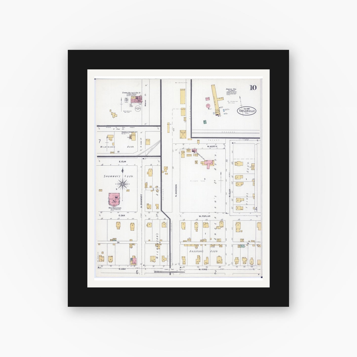 Old map wall art mockup — black gallery frame with white mat — Sanborn Fire Insurance Map from Taylorville, Christian County, Illinois (1906), Sheet #0010