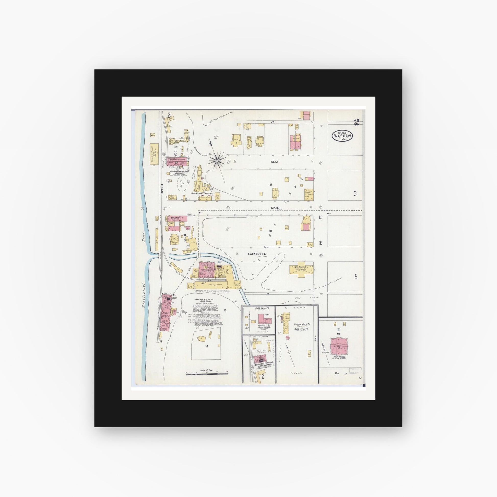 Old map wall art mockup — black gallery frame with white mat — Sanborn Fire Insurance Map from Warsaw, Hancock County, Illinois (1906), Sheet #0002