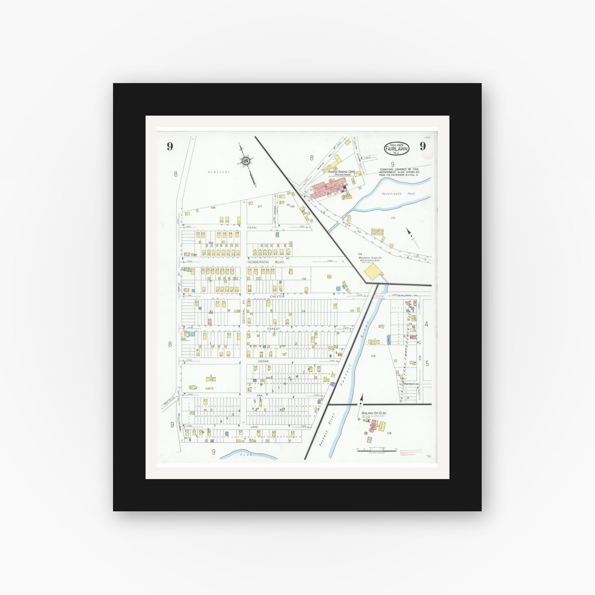Old map wall art mockup — black gallery frame with white mat — Sanborn Fire Insurance Map from Fair Lawn, Bergen County, New Jersey (1929), Sheet #0009
