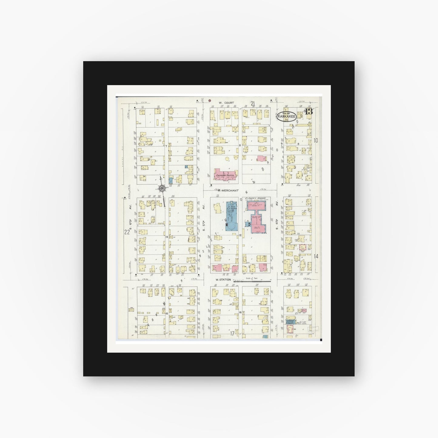 Old map wall art mockup — black gallery frame with white mat — Sanborn Fire Insurance Map from Kankakee, Kankakee County, Illinois (1914), Sheet #0013