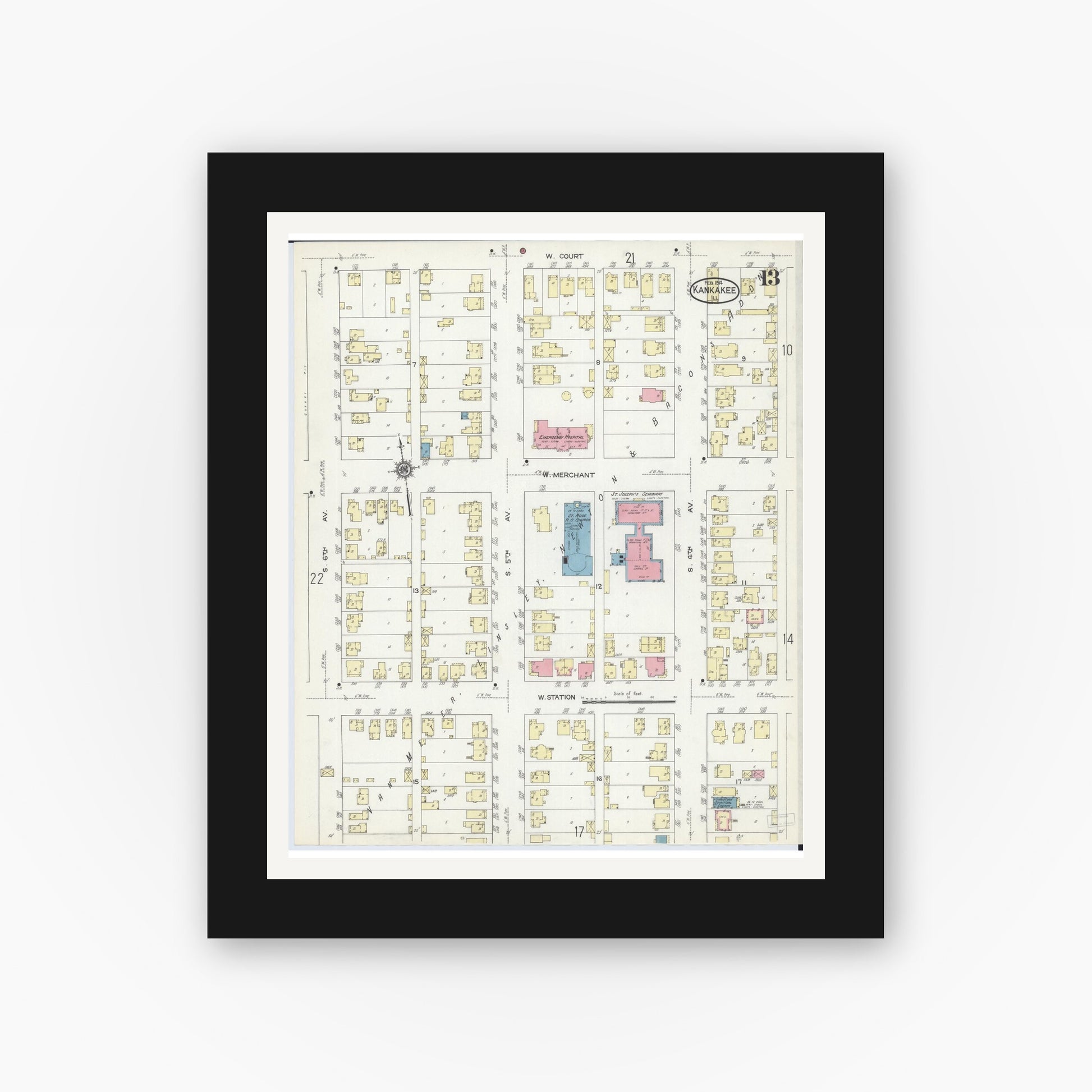Old map wall art mockup — black gallery frame with white mat — Sanborn Fire Insurance Map from Kankakee, Kankakee County, Illinois (1914), Sheet #0013