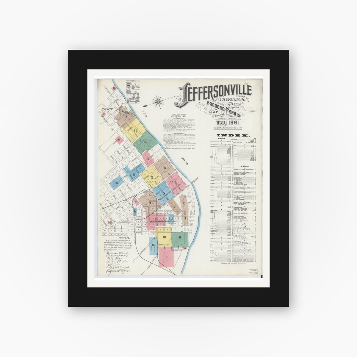 Old map wall art mockup — black gallery frame with white mat — Sanborn Fire Insurance Map from Jeffersonville, Clark County, Indiana (1891) - Complete Map Set