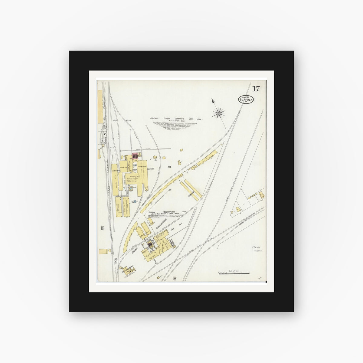Old map wall art mockup — black gallery frame with white mat — Sanborn Fire Insurance Map from Suffolk, Independent Cities, Virginia (1898), Sheet #0017