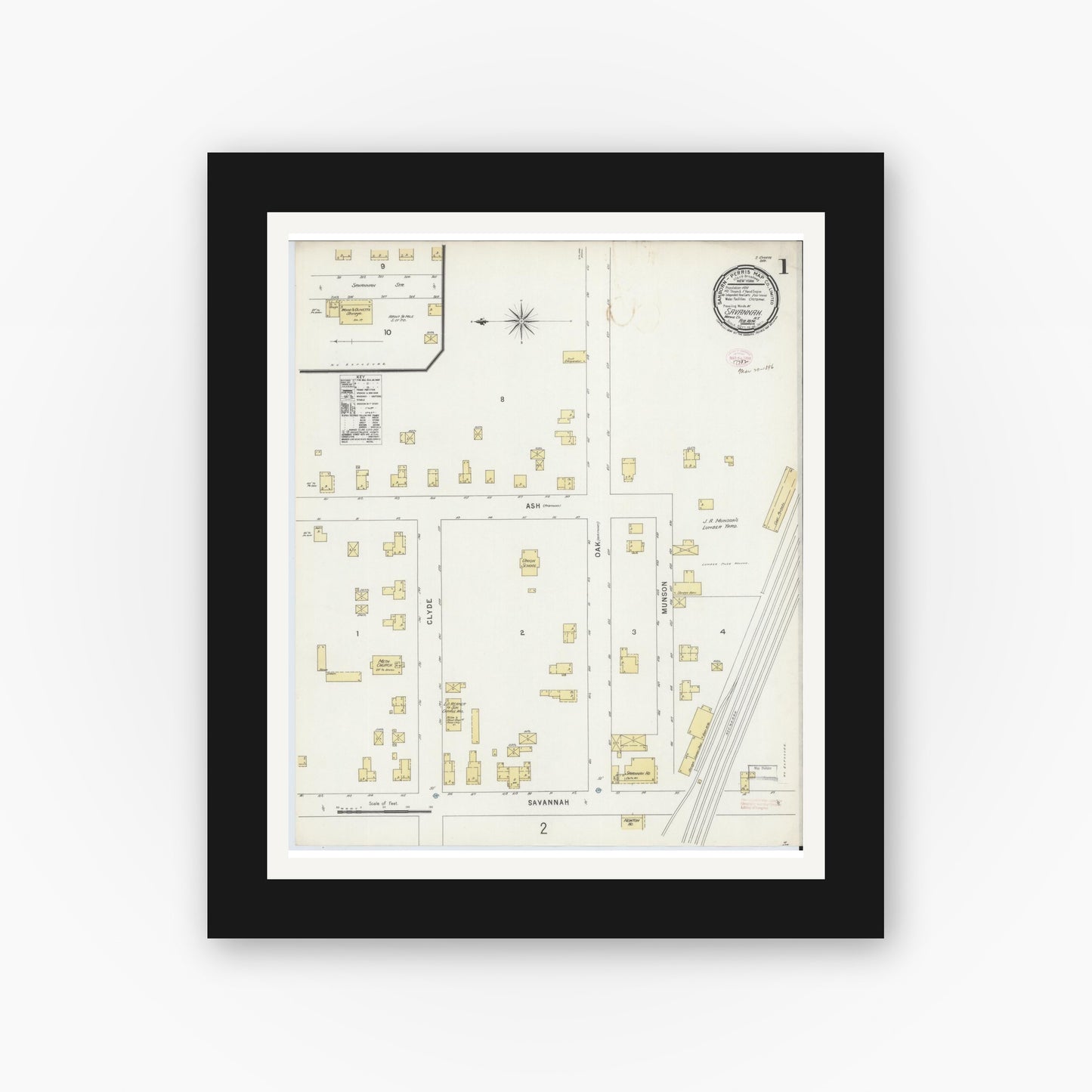 Old map wall art mockup — black gallery frame with white mat — Sanborn Fire Insurance Map from Savannah, Wayne County, New York (1896) - Complete Map Set