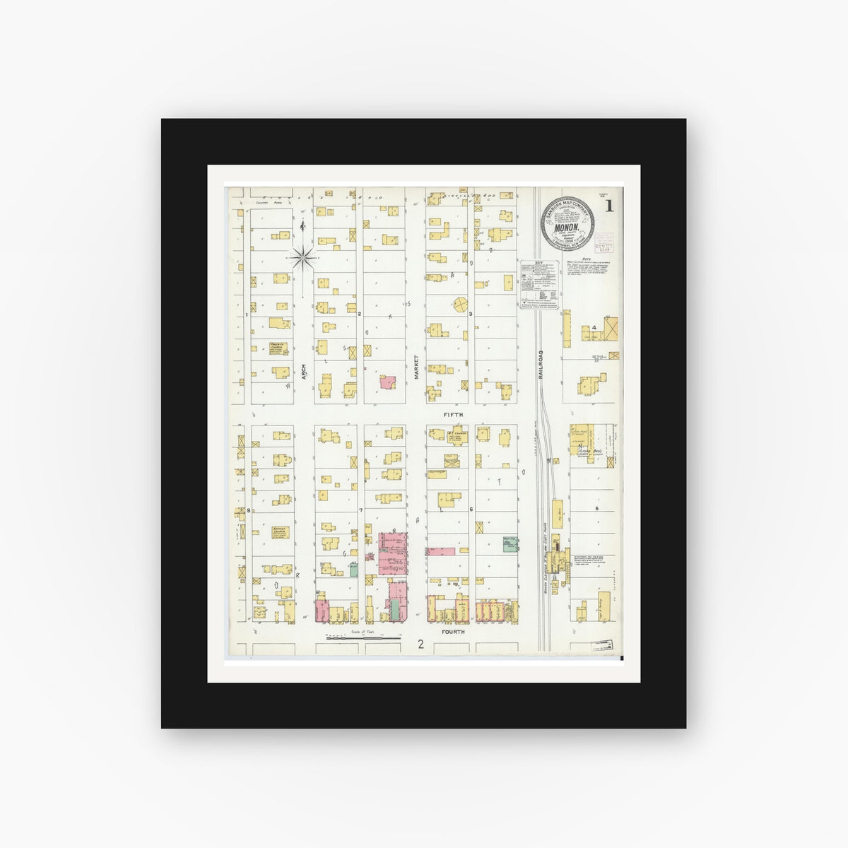 Old map wall art mockup — black gallery frame with white mat — Sanborn Fire Insurance Map from Monon, White County, Indiana (1904), Sheet #0001