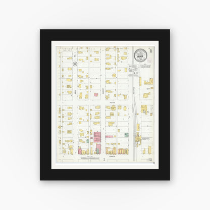 Old map wall art mockup — black gallery frame with white mat — Sanborn Fire Insurance Map from Monon, White County, Indiana (1904), Sheet #0001