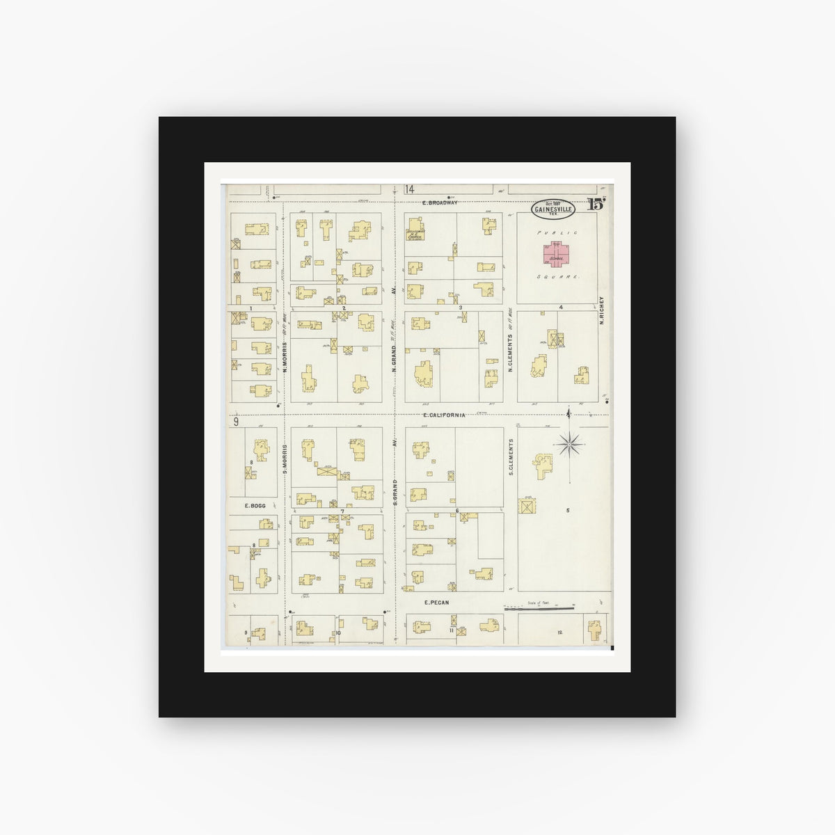 Old map wall art mockup — black gallery frame with white mat — Sanborn Fire Insurance Map from Gainesville, Cooke County, Texas (1897), Sheet #0015