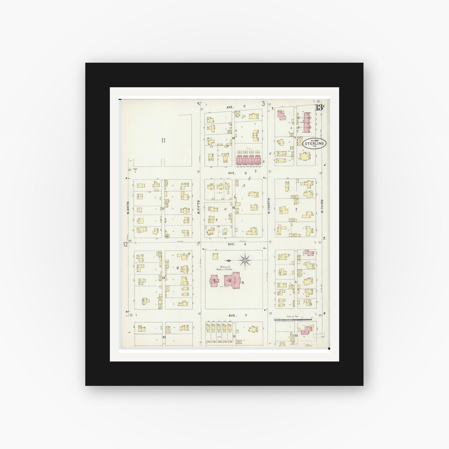 Old map wall art mockup — black gallery frame with white mat — Sanborn Fire Insurance Map from Sterling, Whiteside County, Illinois (1897), Sheet #0013