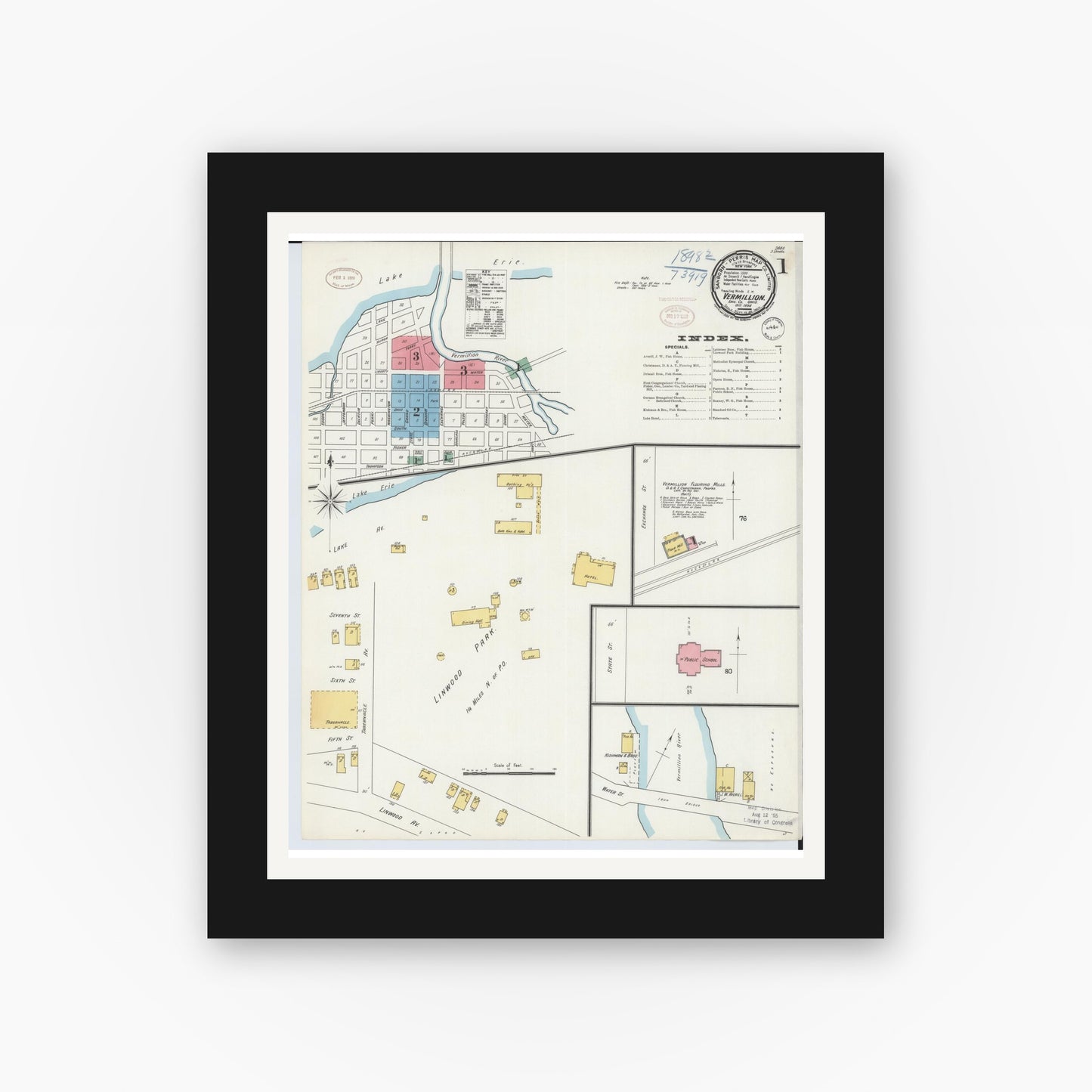 Old map wall art mockup — black gallery frame with white mat — Sanborn Fire Insurance Map from Vermillion, Erie County, Ohio (1898) - Complete Map Set