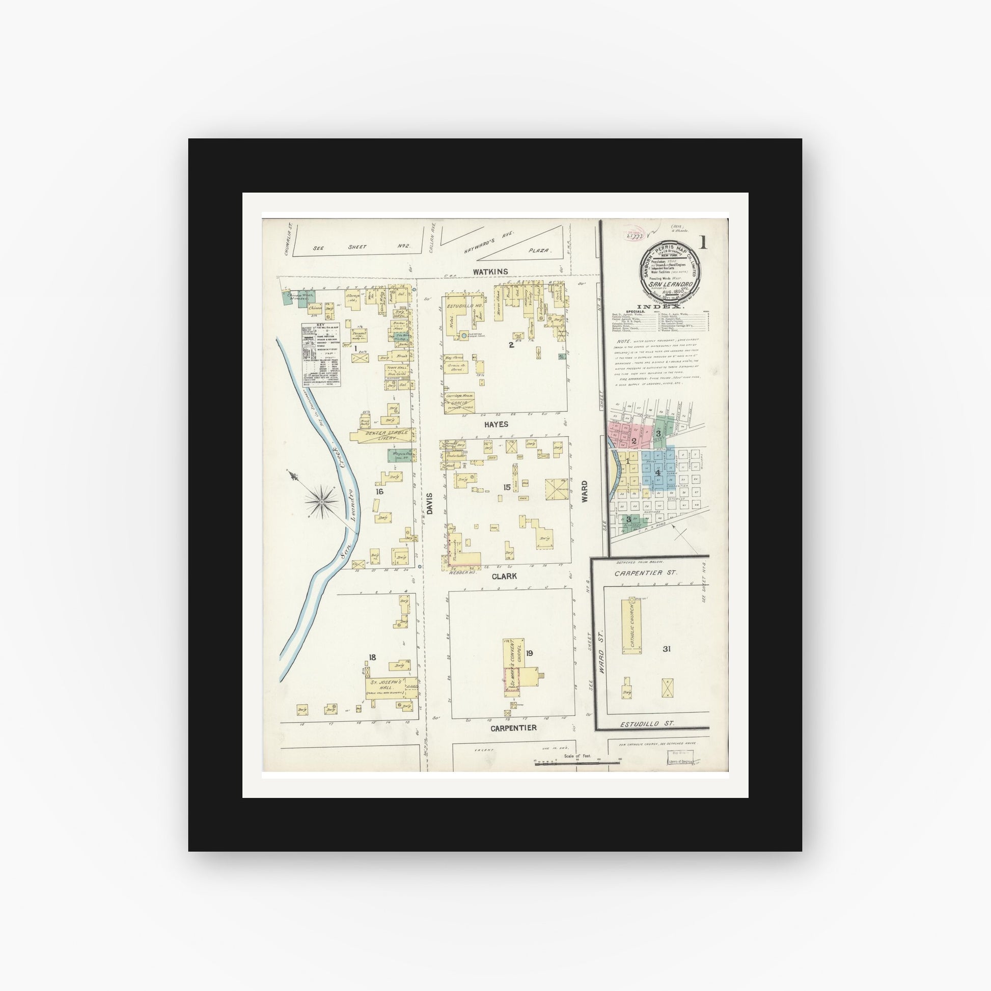 Old map wall art mockup — black gallery frame with white mat — Sanborn Fire Insurance Map from San Leandro, Alameda County, California (1890) - Complete Map Set