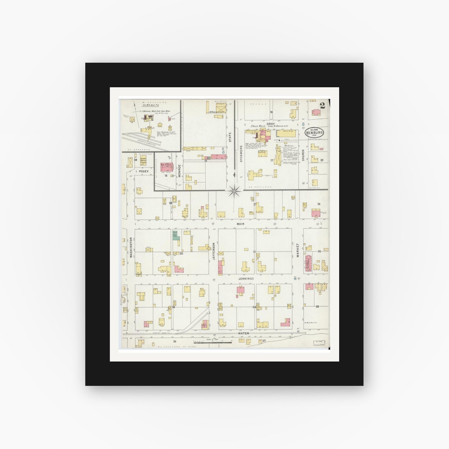 Old map wall art mockup — black gallery frame with white mat — Sanborn Fire Insurance Map from Newburgh, Warrick County, Indiana (1898), Sheet #0002
