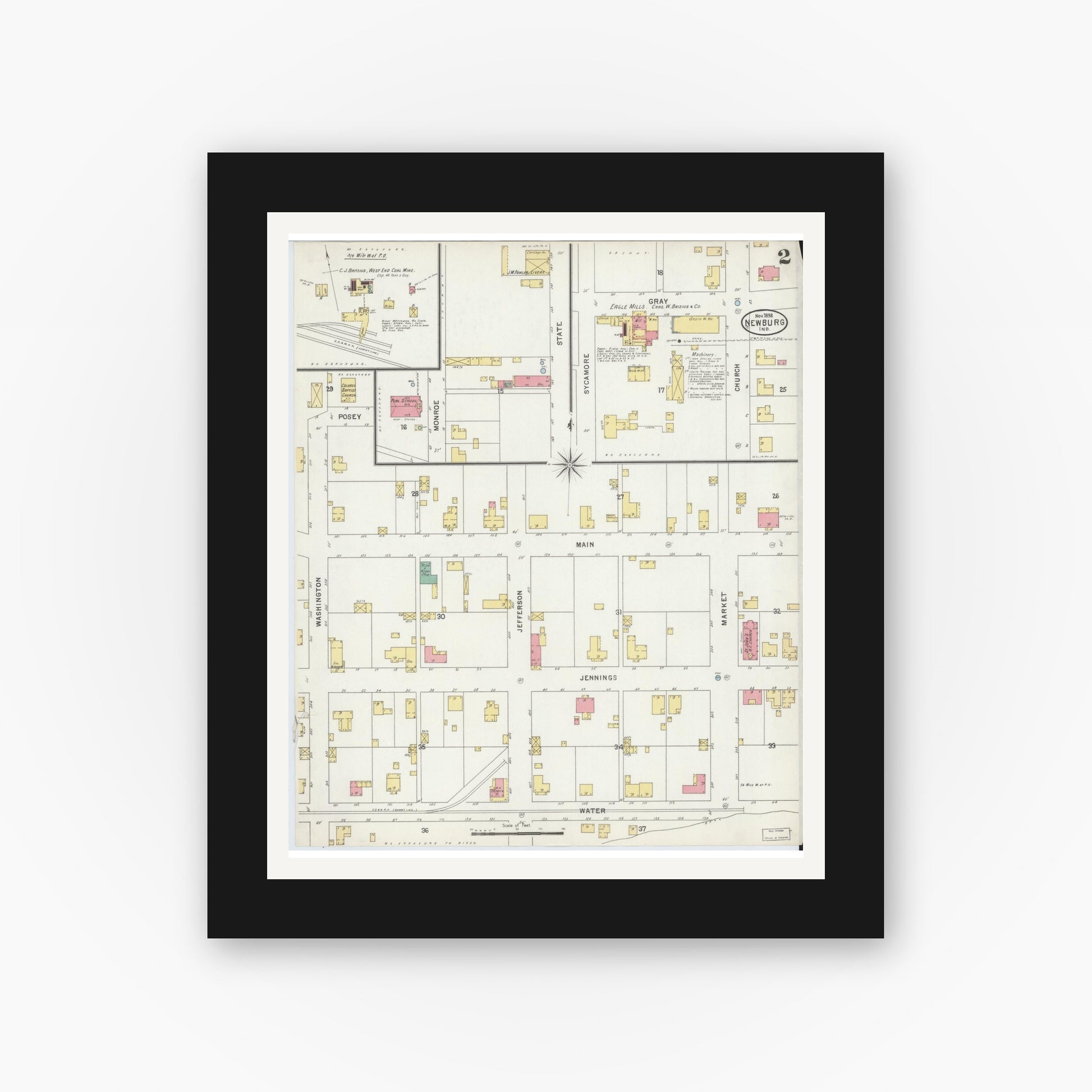 Old map wall art mockup — black gallery frame with white mat — Sanborn Fire Insurance Map from Newburgh, Warrick County, Indiana (1898), Sheet #0002