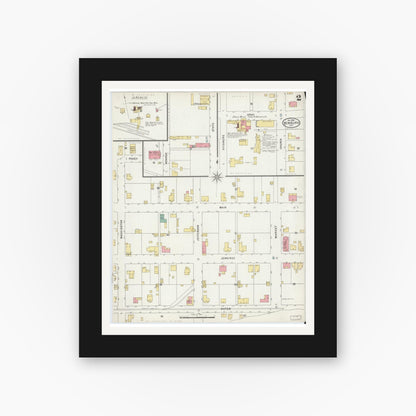 Old map wall art mockup — black gallery frame with white mat — Sanborn Fire Insurance Map from Newburgh, Warrick County, Indiana (1898), Sheet #0002