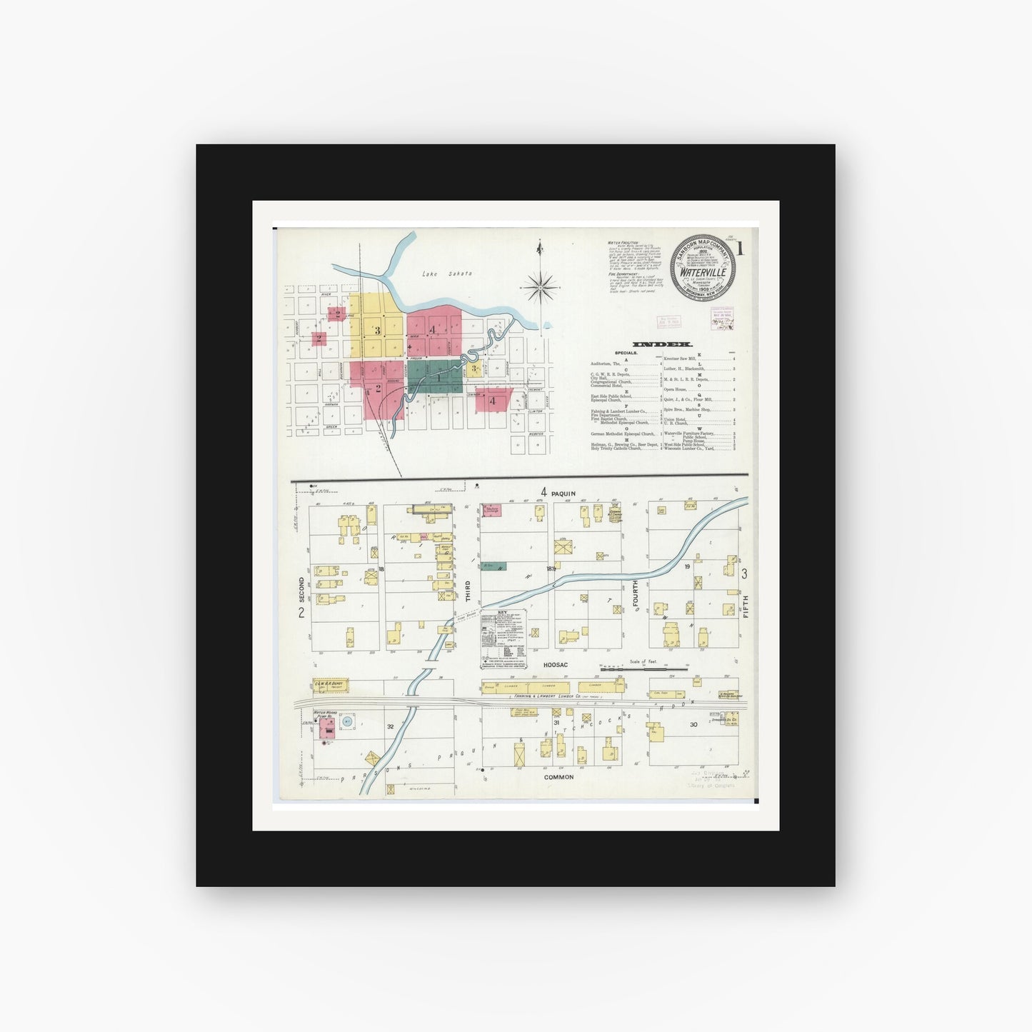 Old map wall art mockup — black gallery frame with white mat — Sanborn Fire Insurance Map from Waterville, Le Sueur County, Minnesota (1909) - Complete Map Set