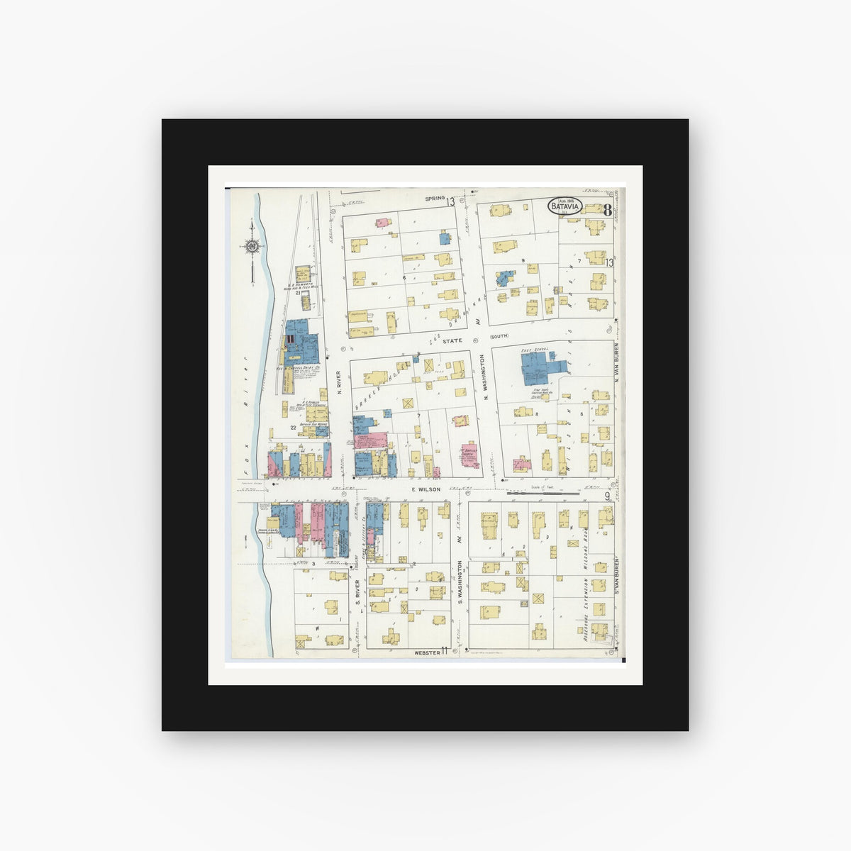 Old map wall art mockup — black gallery frame with white mat — Sanborn Fire Insurance Map from Batavia, Kane County, Illinois (1916), Sheet #0008