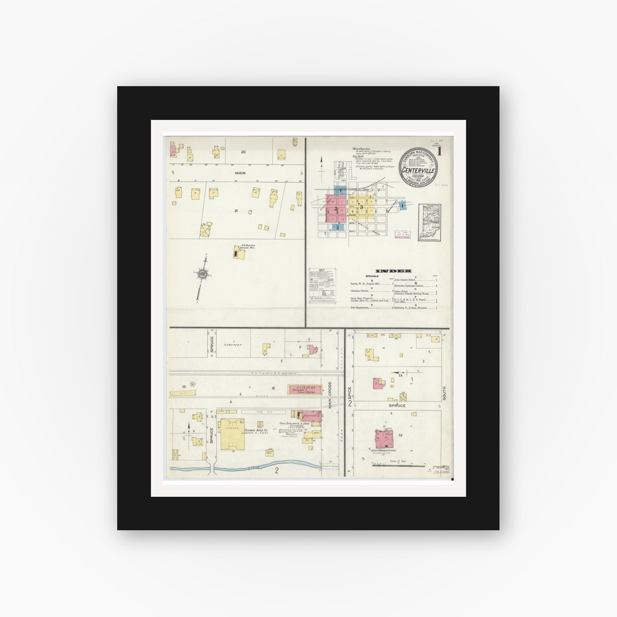 Old map wall art mockup — black gallery frame with white mat — Sanborn Fire Insurance Map from Centerville, Wayne County, Indiana (1913), Sheet #0001