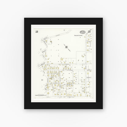 Old map wall art mockup — black gallery frame with white mat — Sanborn Fire Insurance Map from Bryan, Brazos County, Texas (1925), Sheet #0021