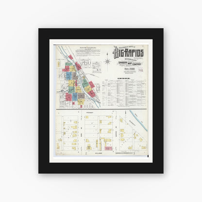 Old map wall art mockup — black gallery frame with white mat — Sanborn Fire Insurance Map from Big Rapids, Mecosta County, Michigan (1908) - Complete Map Set