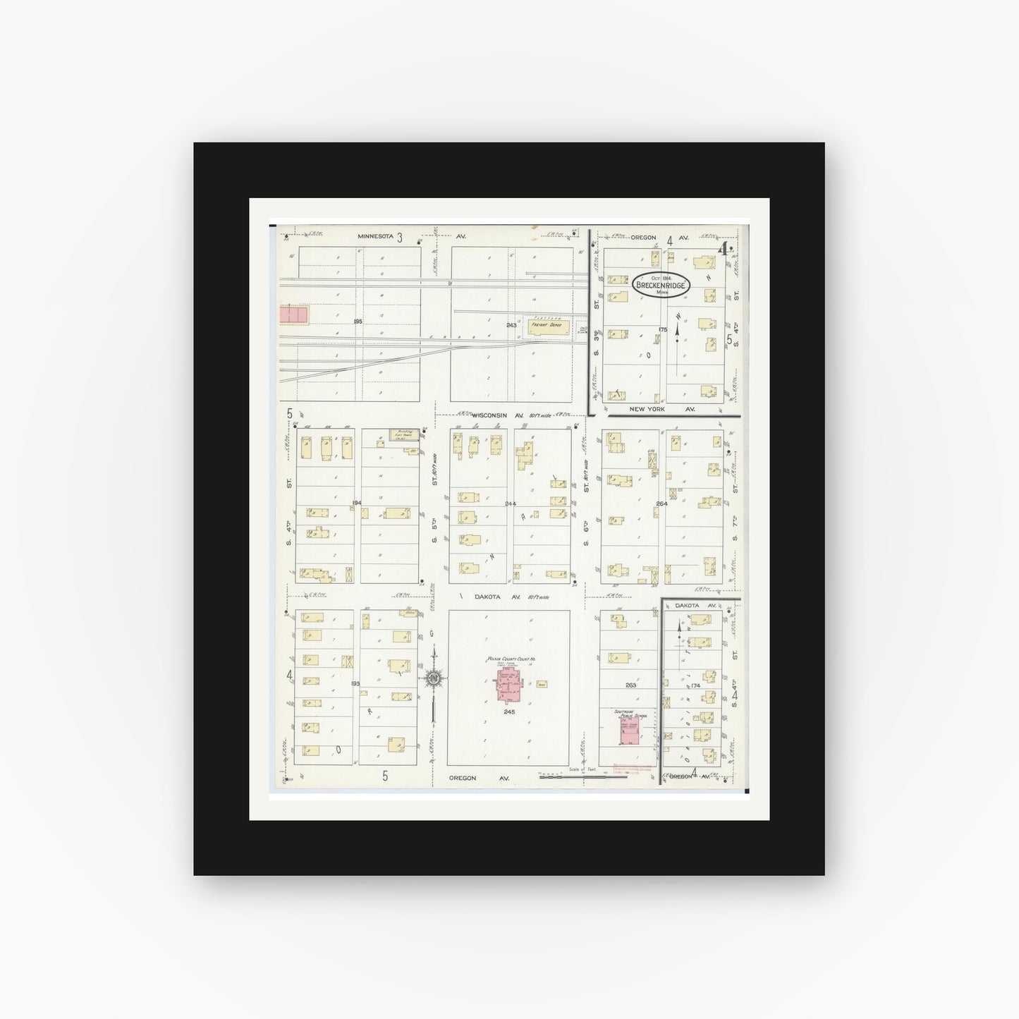 Old map wall art mockup — black gallery frame with white mat — Sanborn Fire Insurance Map from Breckenridge, Wilkin County, Minnesota (1914), Sheet #0004