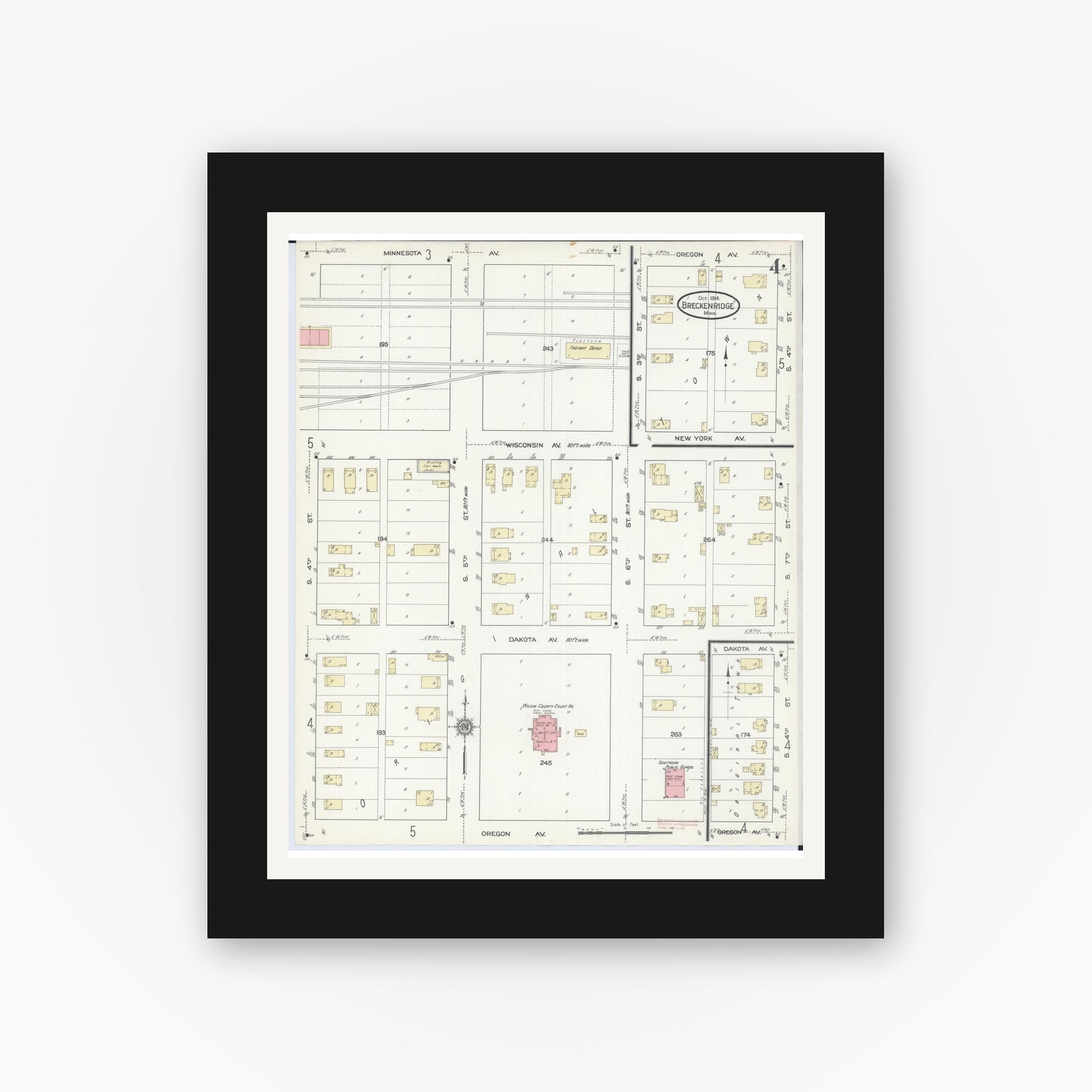 Old map wall art mockup — black gallery frame with white mat — Sanborn Fire Insurance Map from Breckenridge, Wilkin County, Minnesota (1914), Sheet #0004