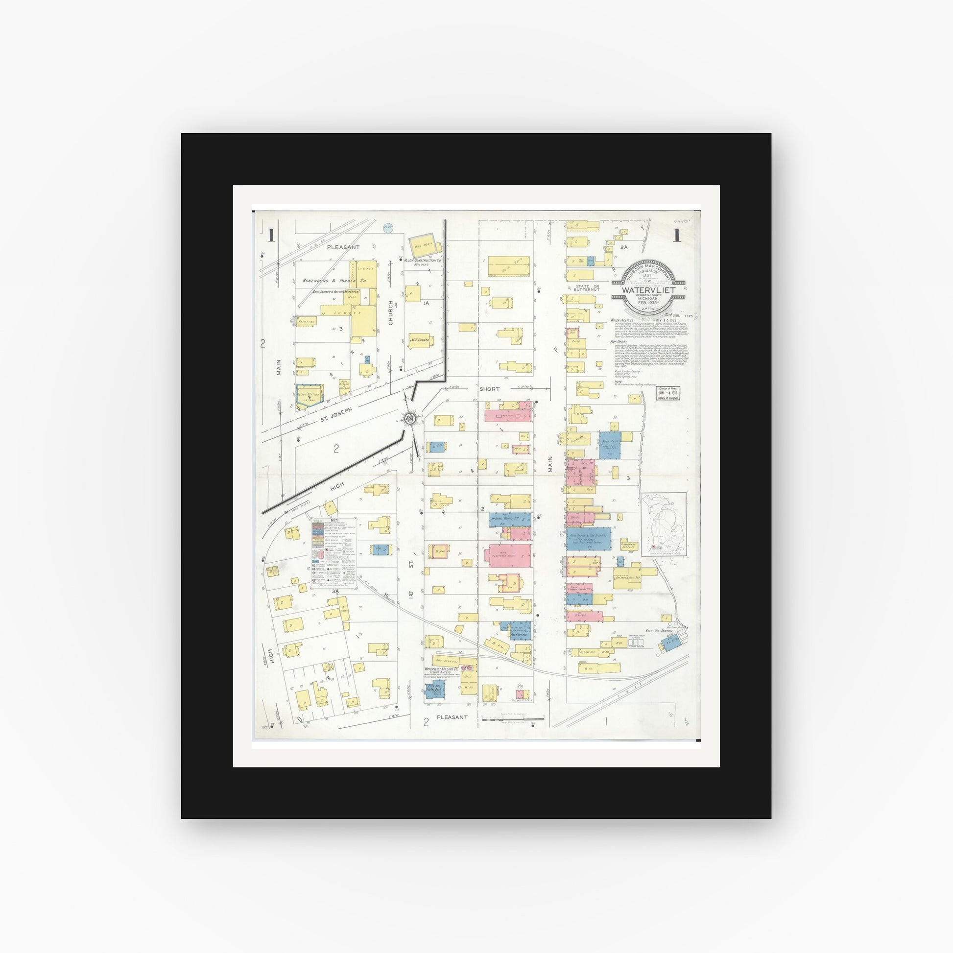 Old map wall art mockup — black gallery frame with white mat — Sanborn Fire Insurance Map from Watervliet, Berrien County, Michigan (1932), Sheet #0001