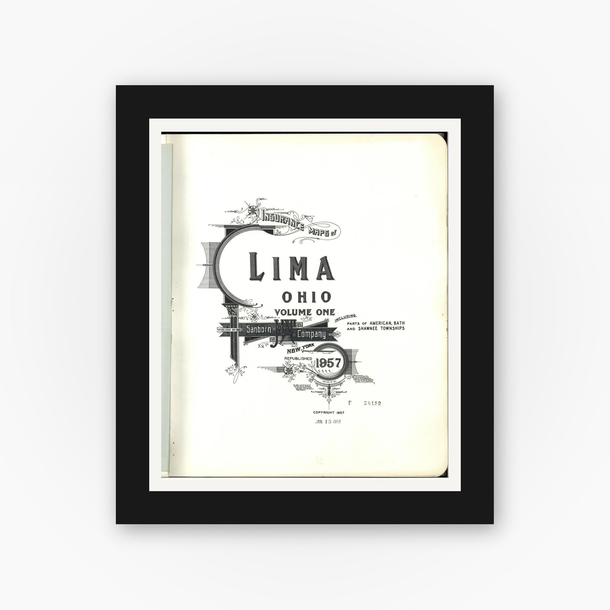 Old map wall art mockup — black gallery frame with white mat — Sanborn Fire Insurance Map from Lima, Allen County, Ohio (1957), Sheet #0001