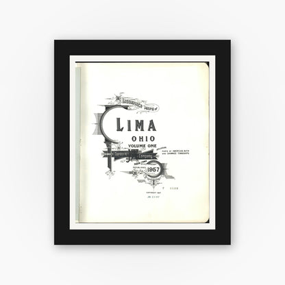 Old map wall art mockup — black gallery frame with white mat — Sanborn Fire Insurance Map from Lima, Allen County, Ohio (1957), Sheet #0001