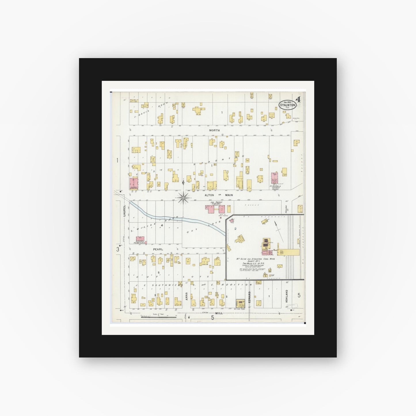 Old map wall art mockup — black gallery frame with white mat — Sanborn Fire Insurance Map from Staunton, Macoupin County, Illinois (1899), Sheet #0004