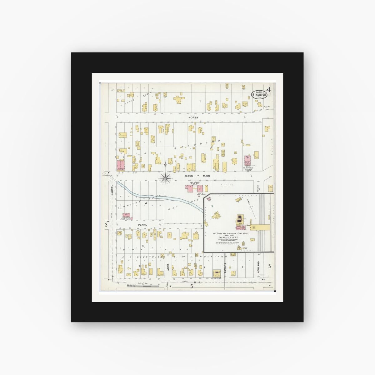 Old map wall art mockup — black gallery frame with white mat — Sanborn Fire Insurance Map from Staunton, Macoupin County, Illinois (1899), Sheet #0004