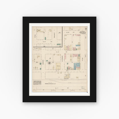 Old map wall art mockup — black gallery frame with white mat — Sanborn Fire Insurance Map from Abilene, Taylor County, Texas (1885), Sheet #0003