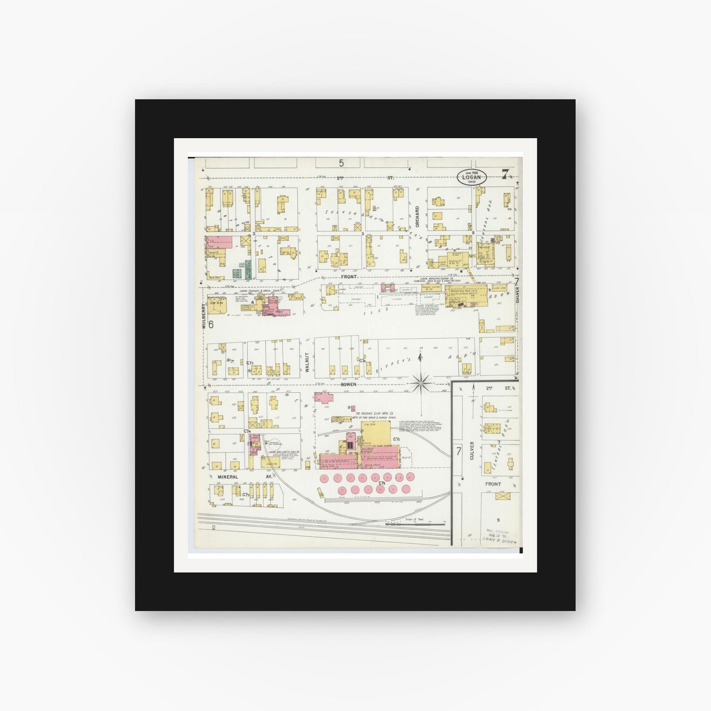 Old map wall art mockup — black gallery frame with white mat — Sanborn Fire Insurance Map from Logan, Hocking County, Ohio (1900), Sheet #0007