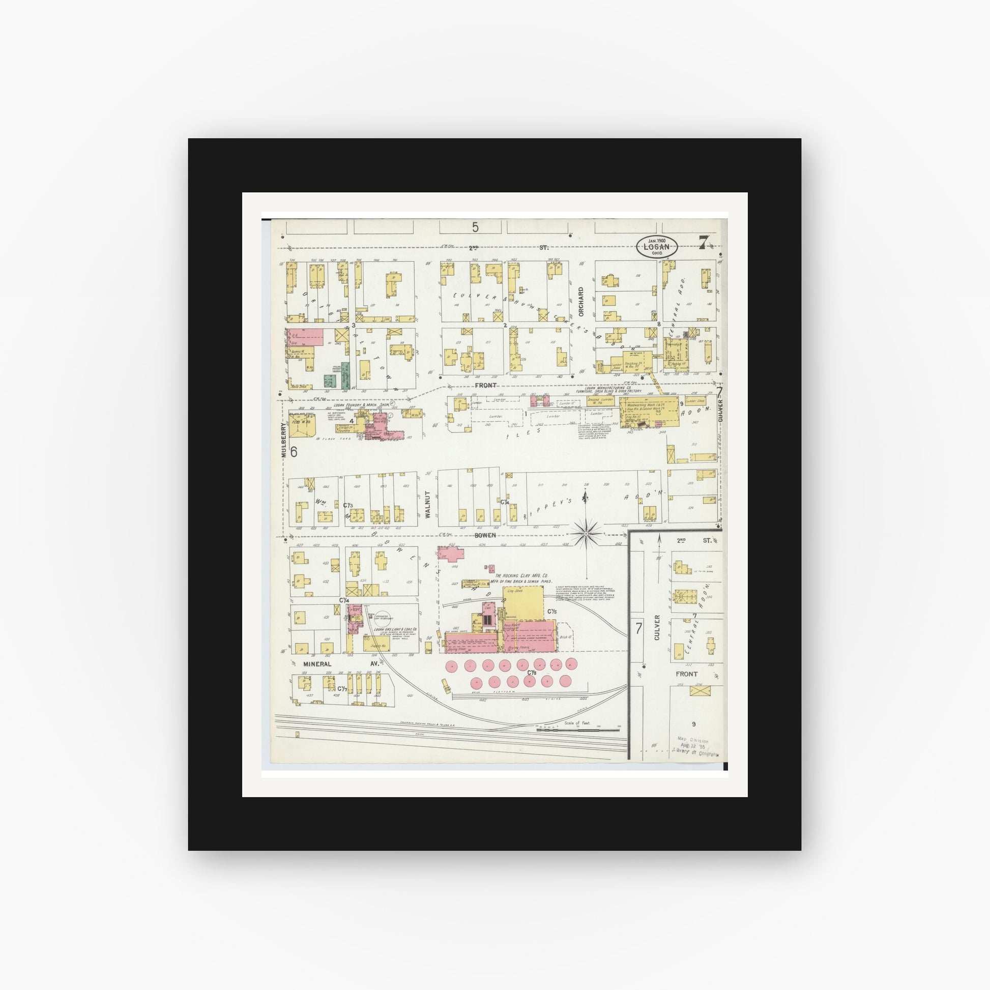 Old map wall art mockup — black gallery frame with white mat — Sanborn Fire Insurance Map from Logan, Hocking County, Ohio (1900), Sheet #0007