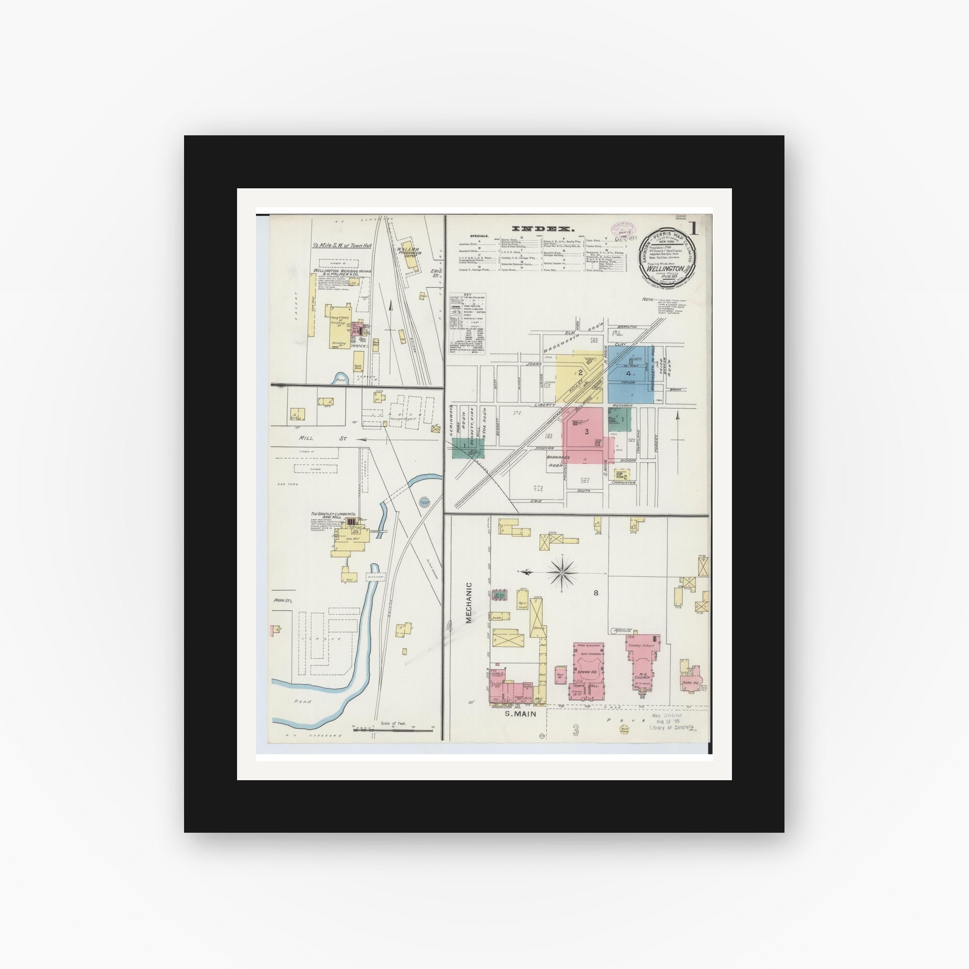Old map wall art mockup — black gallery frame with white mat — Sanborn Fire Insurance Map from Wellington, Lorain County, Ohio (1893), Sheet #0001
