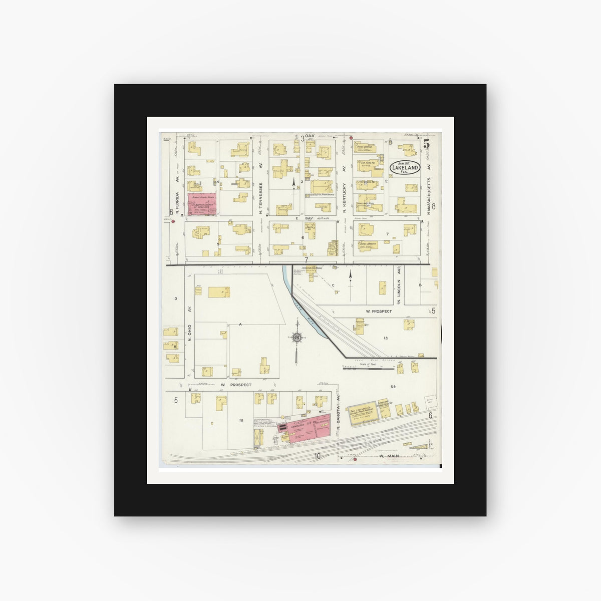 Old map wall art mockup — black gallery frame with white mat — Sanborn Fire Insurance Map from Lakeland, Polk County, Florida (1917), Sheet #0005