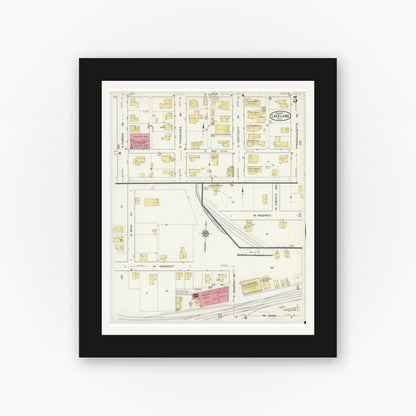 Old map wall art mockup — black gallery frame with white mat — Sanborn Fire Insurance Map from Lakeland, Polk County, Florida (1917), Sheet #0005