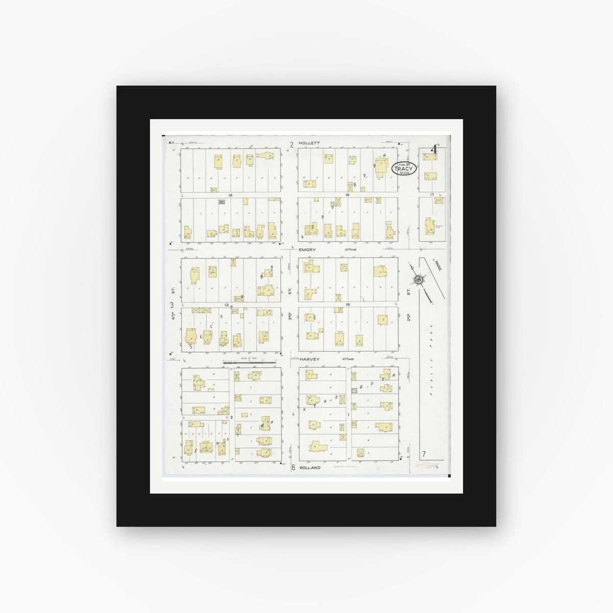 Old map wall art mockup — black gallery frame with white mat — Sanborn Fire Insurance Map from Tracy, Lyon County, Minnesota (1917), Sheet #0004