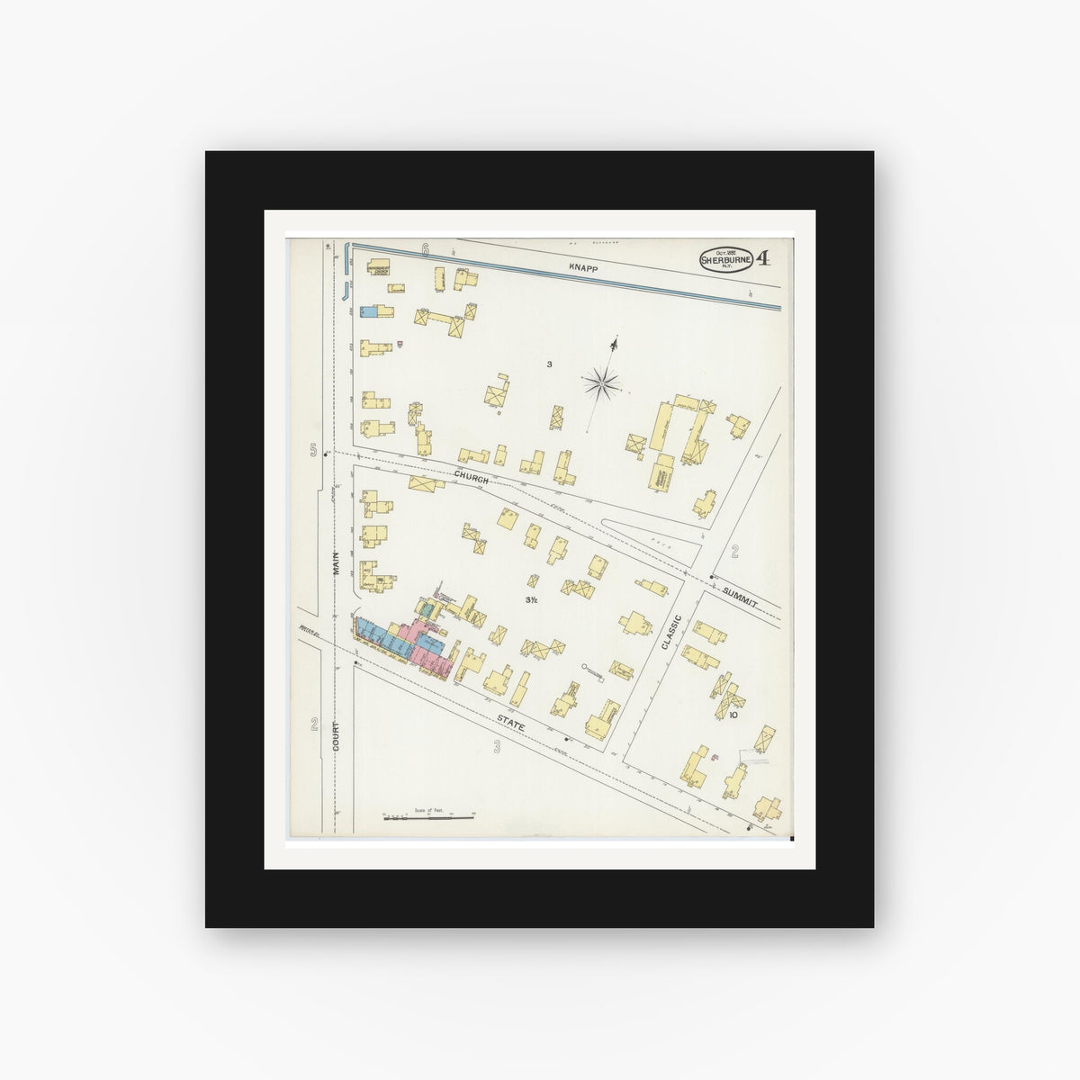 Old map wall art mockup — black gallery frame with white mat — Sanborn Fire Insurance Map from Sherburne, Chenango County, New York (1892), Sheet #0004